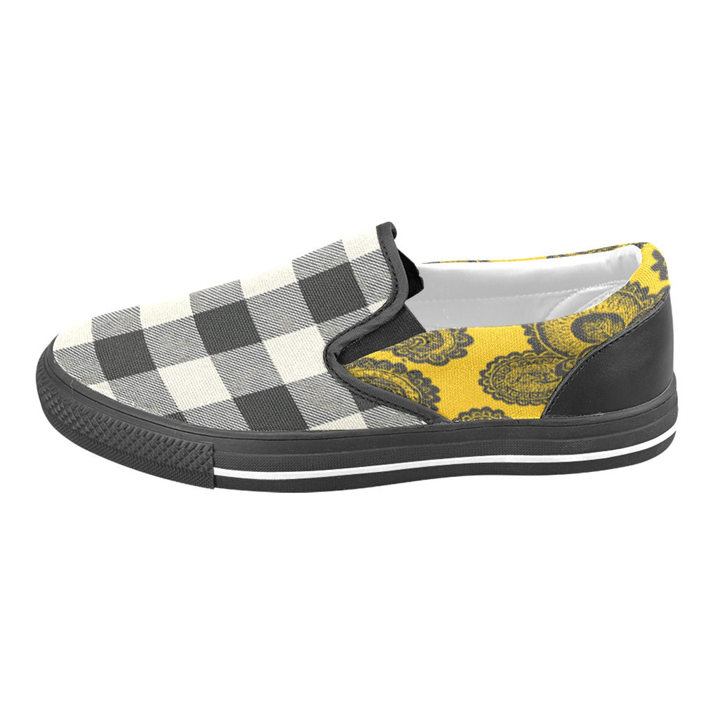 Rich and Rich Men's Yellow Abstract and Checkers Slip On Canvas Shoe Men's Slip-on Canvas Shoes (Model 019)