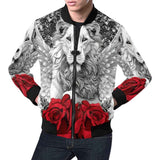 Black bomber jacket with red and white lion and rose prints and full-length zipper