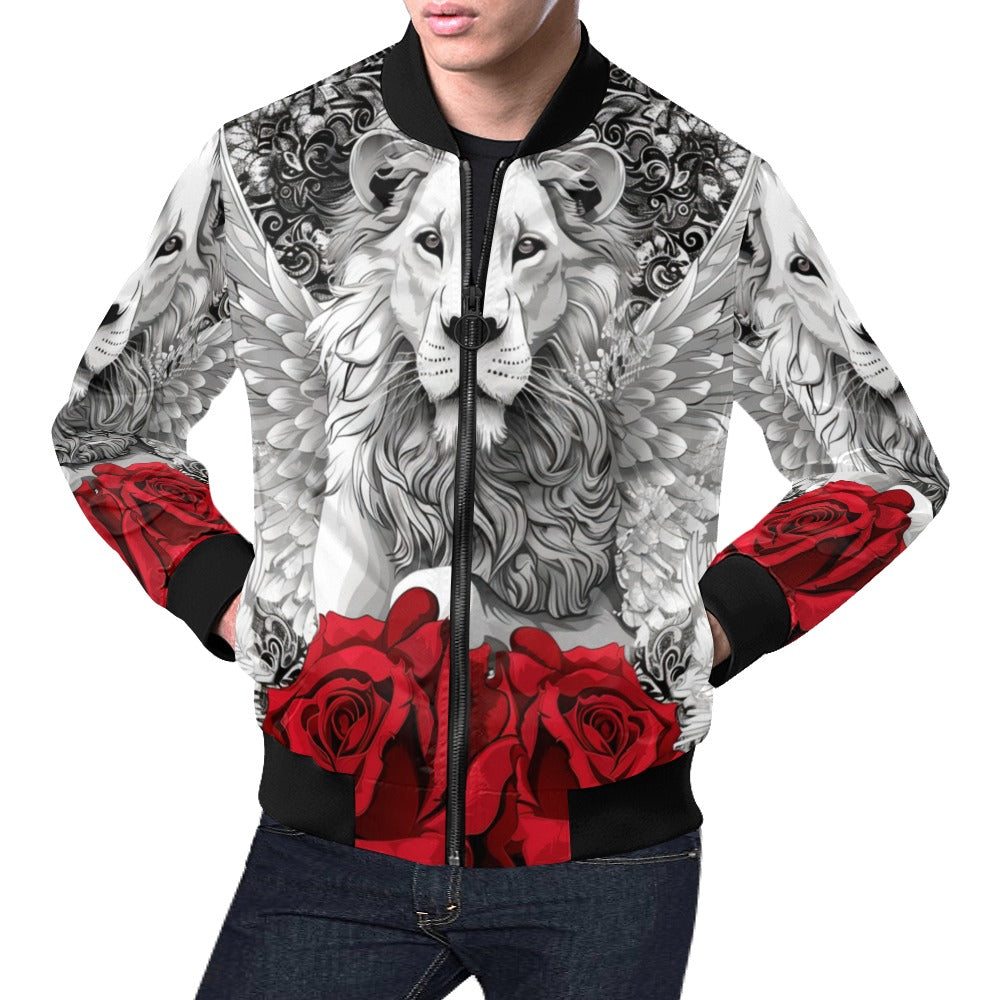 R&RH Mens Caricature and Roses Black Zipper Bomber Jacket with all-over print