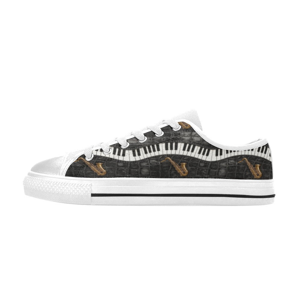 Men’s navy black canvas low-top sneakers with piano and saxophone-inspired artwork and metal eyelets — additional view 9