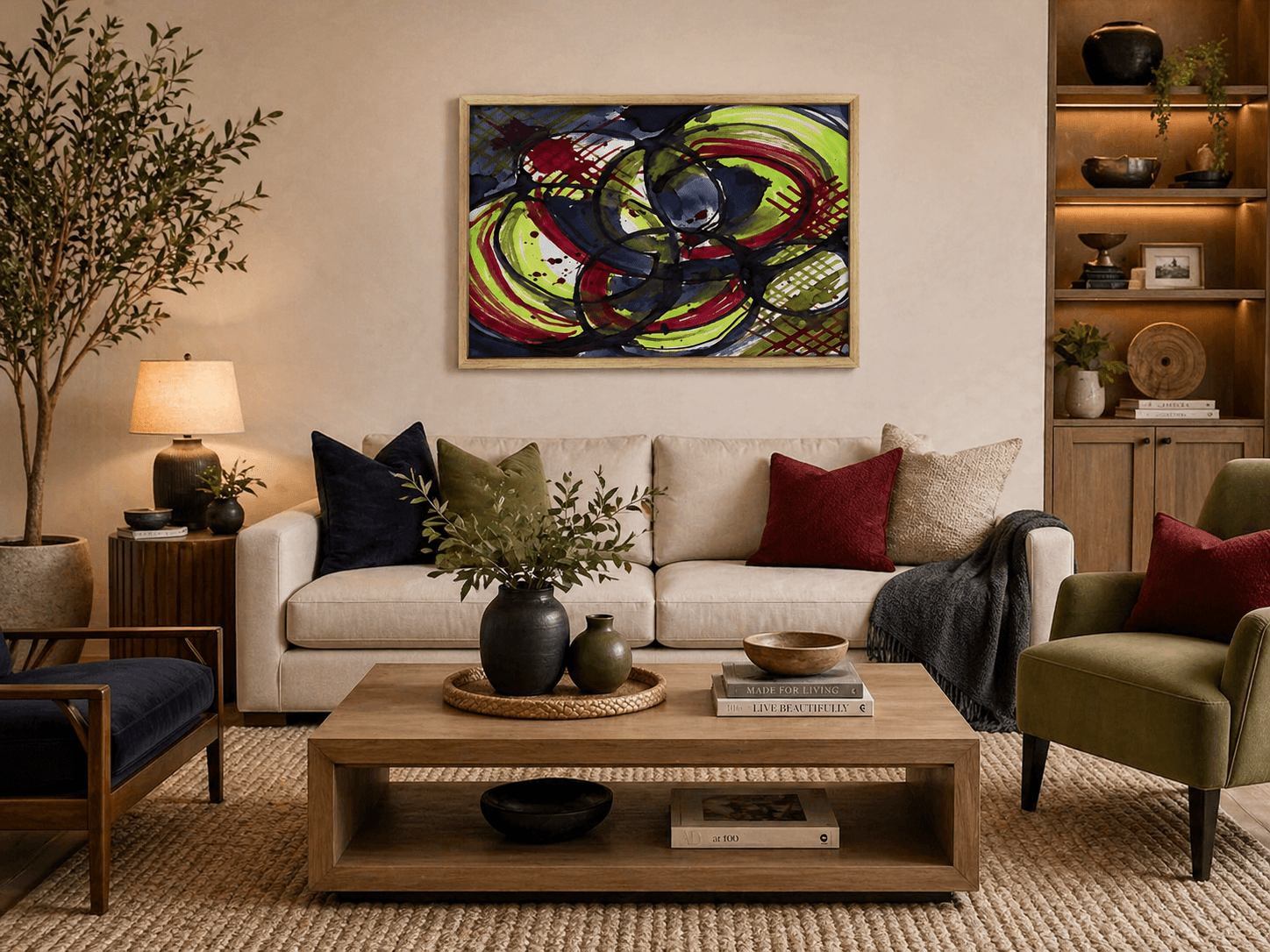 36×24 abstract Dark Matter Mixed canvas in a natural wood frame with bold dark composition