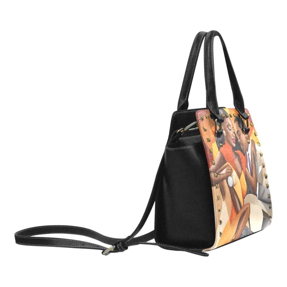 R&RH Rustic Orange Rivet Shoulder Handbag made of PU leather with adjustable strap