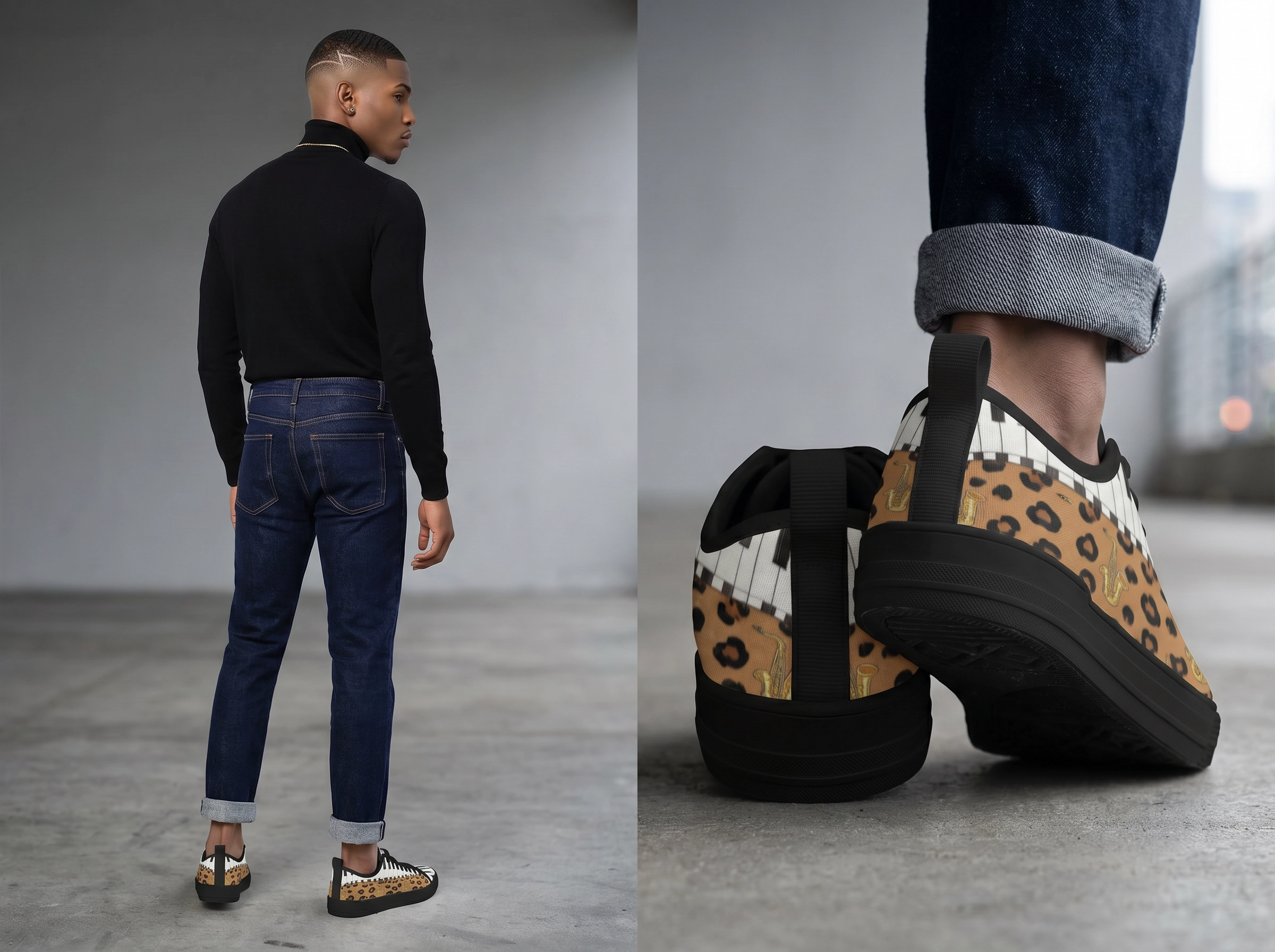 Rich and Rich Men's Brown Animal Piano Saxophone Canvas Low Top Sneaker