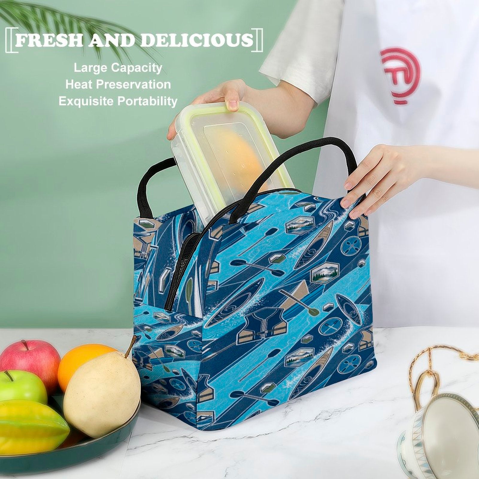 Blue trapezoid insulated lunch bag with outdoor kayaking-inspired design and carry handle — additional view 9