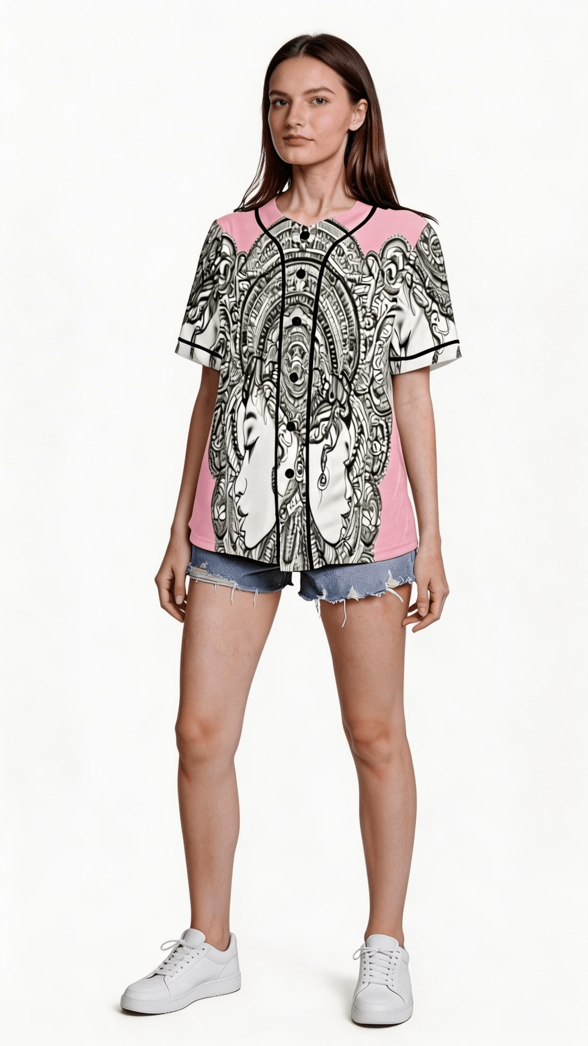 Pink women's mesh baseball jersey with all-over print area for customization — alternate view