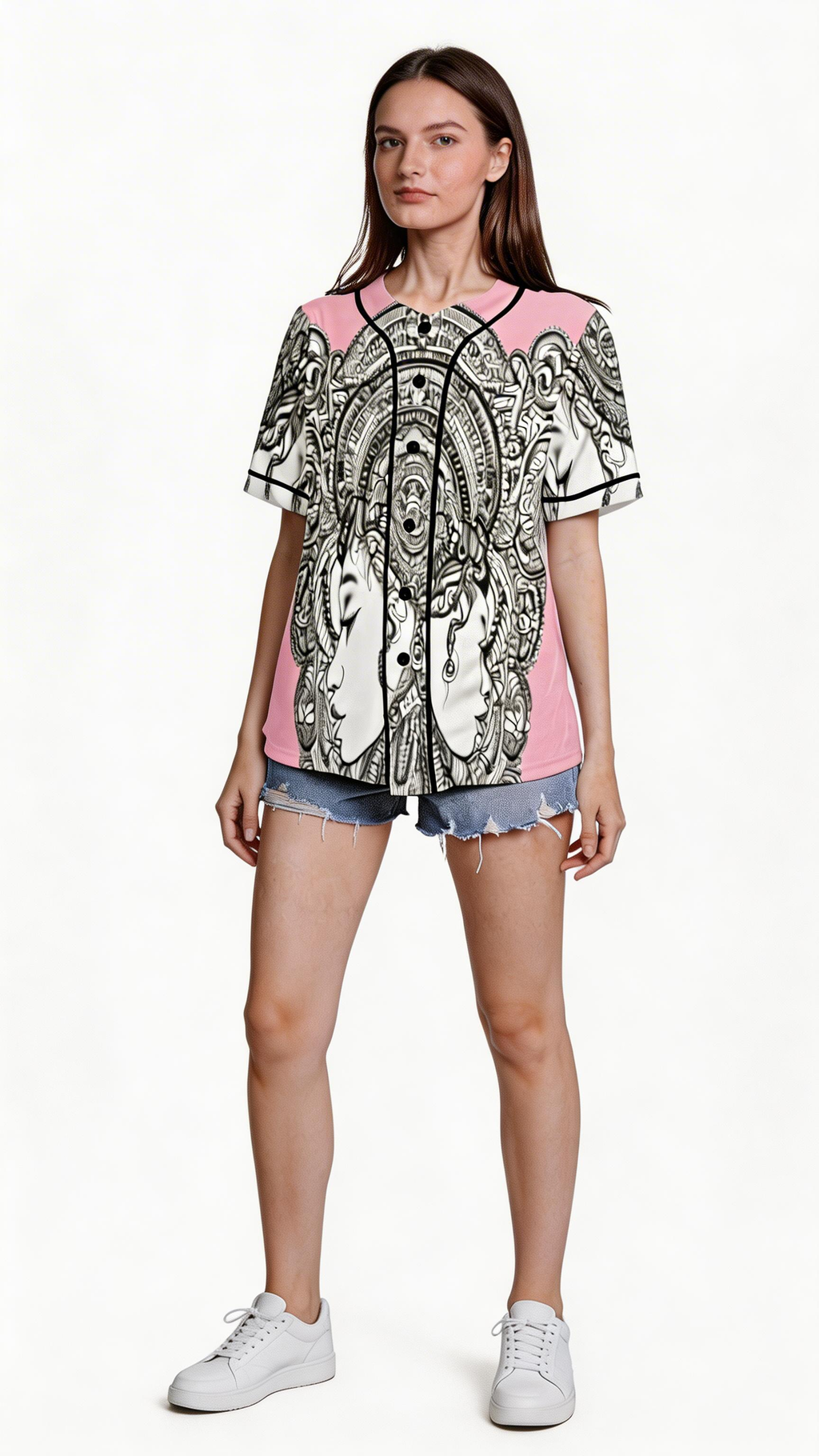 Woman wearing a Rich and Rich Pink Destiny Pink Women's Baseball Jersey in premium mesh fabric