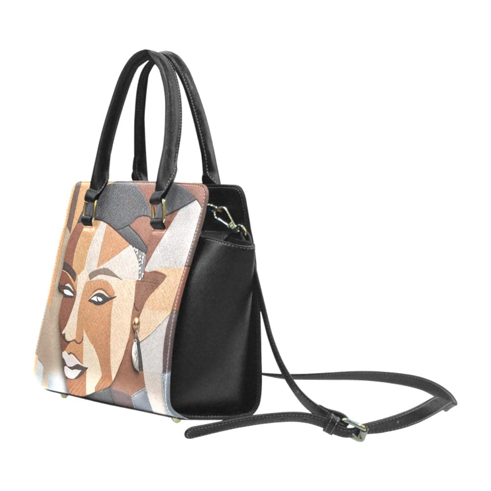 R&RH Abstract Brown Rivet Shoulder Handbag made of high-grade PU leather with adjustable strap