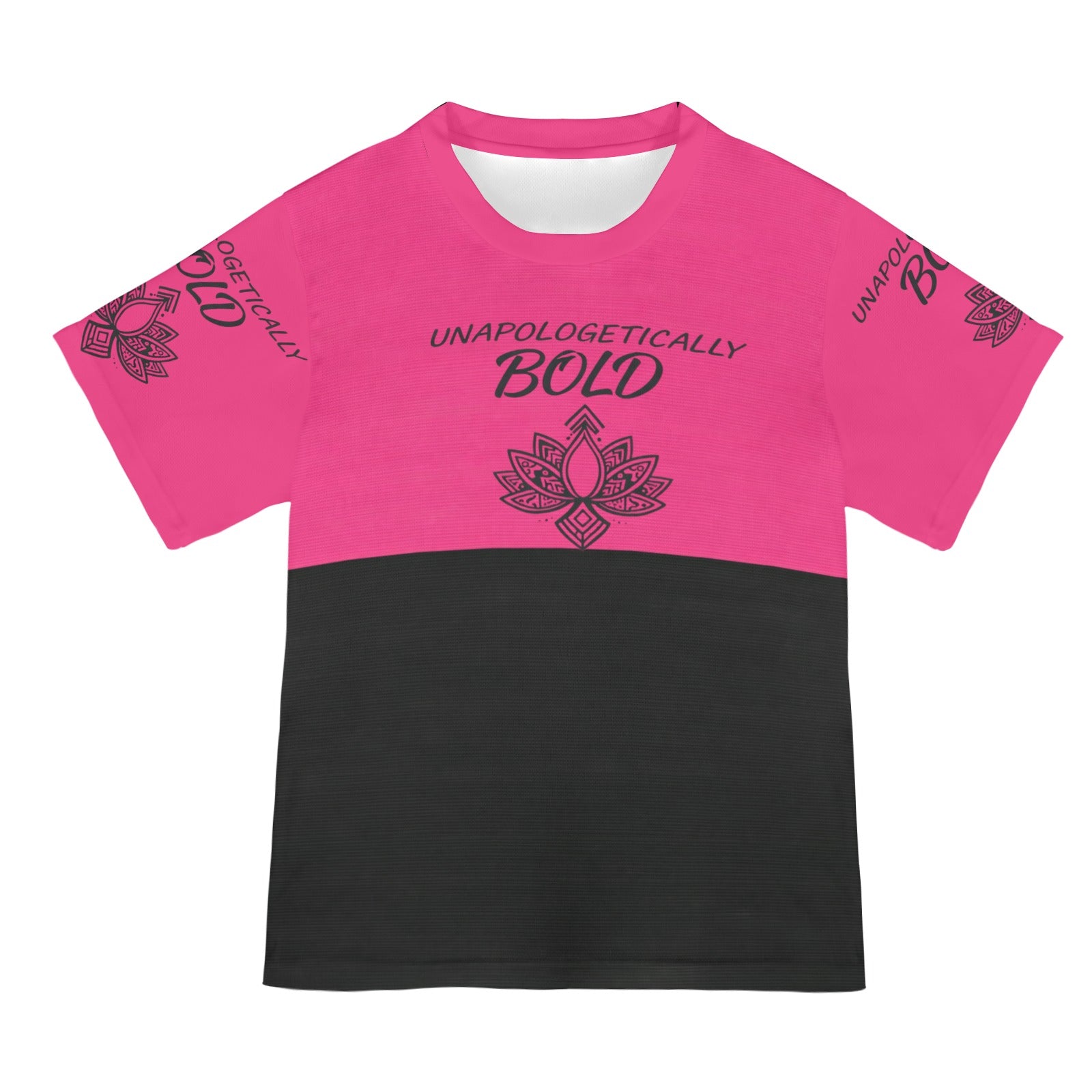 Women's relaxed-fit pink and black all-over print mesh T-shirt with 'Unapologetically Bold' design — alternate view