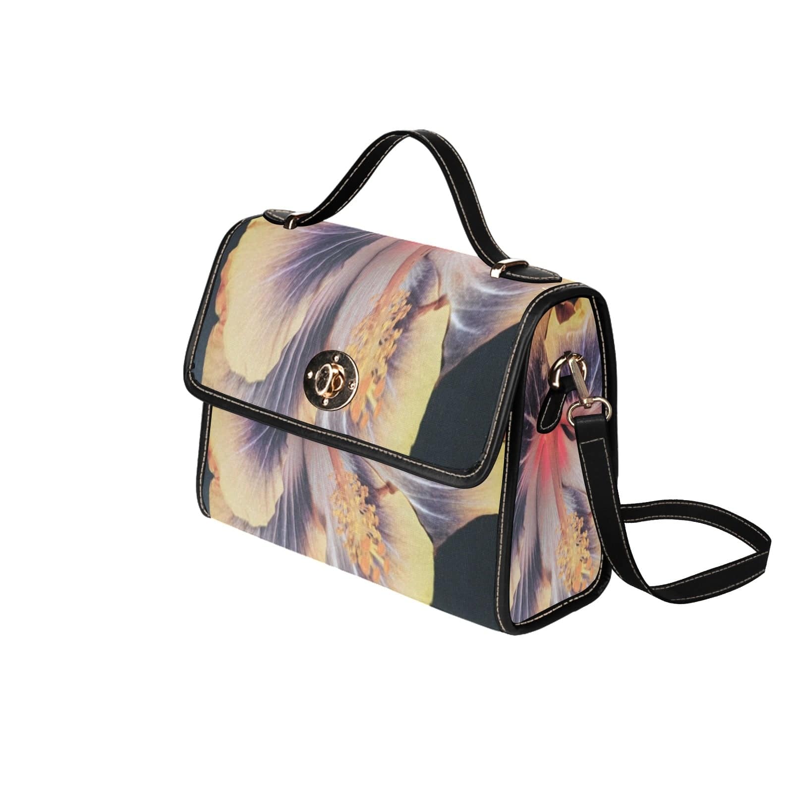 Black waterproof canvas handbag with exotic flower print and double PU leather handles — side view