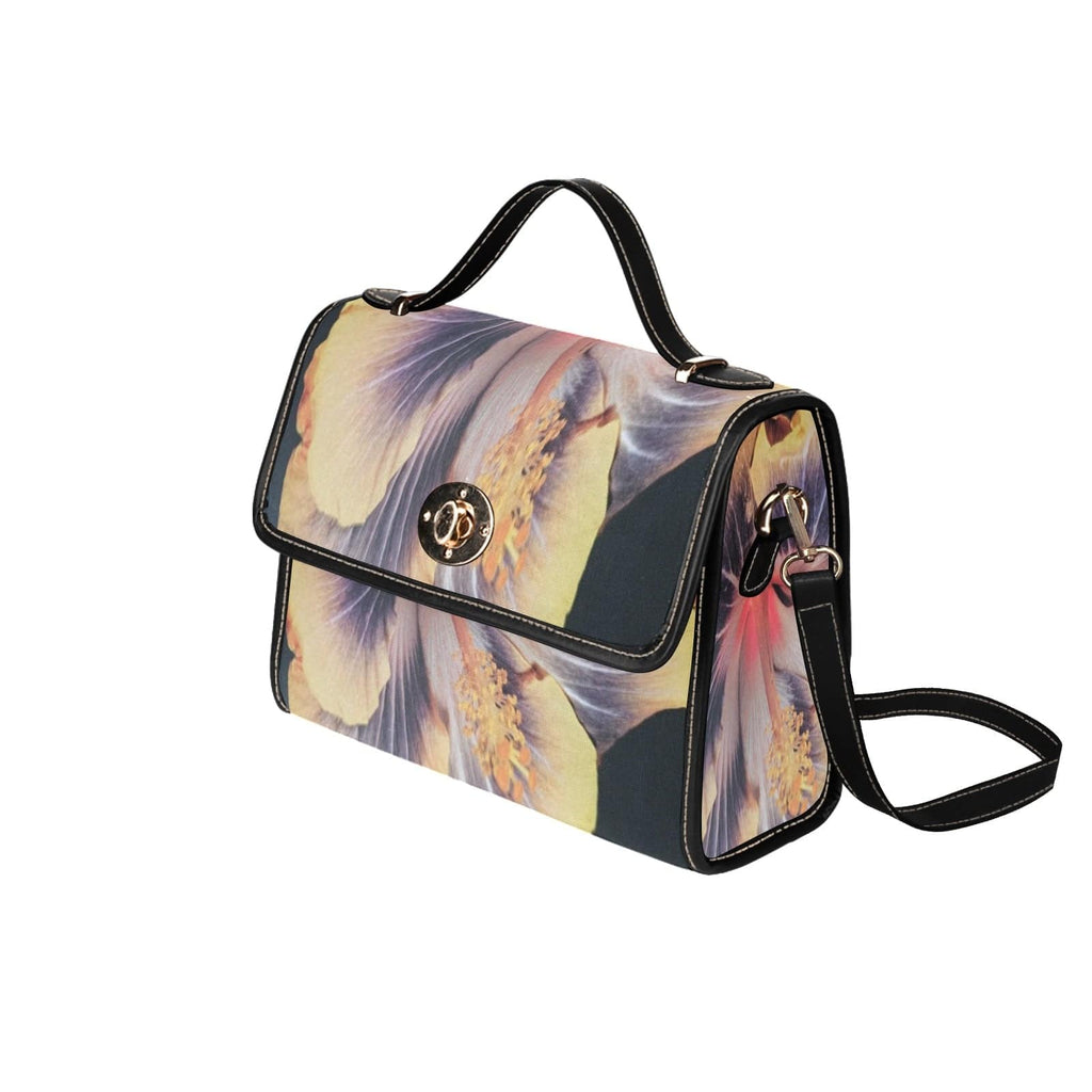 R&RH Exotic Flower Women's Waterproof Black Canvas Handbag with PU leather handles