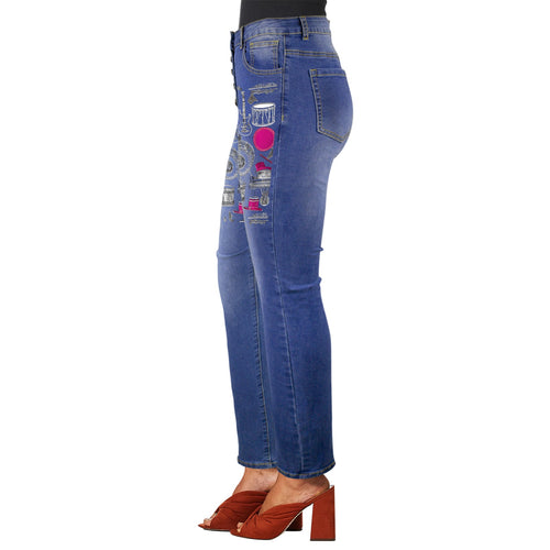 R&RH Women's High Waist Jeans with Embroidery Musical Design Front View