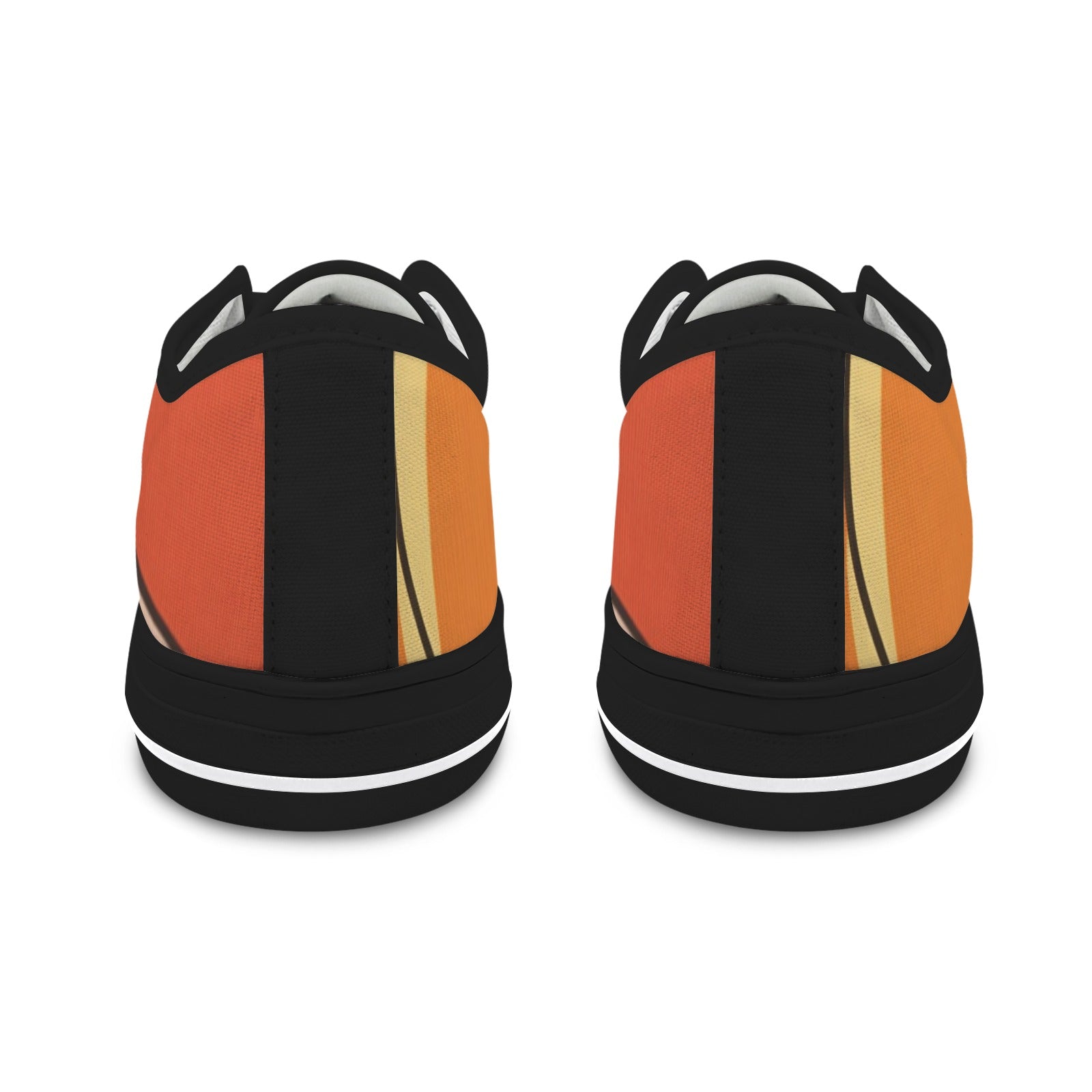 Orange abstract bomber jacket with canvas low-top shoes and a waterproof canvas tote with PU leather handles — side view