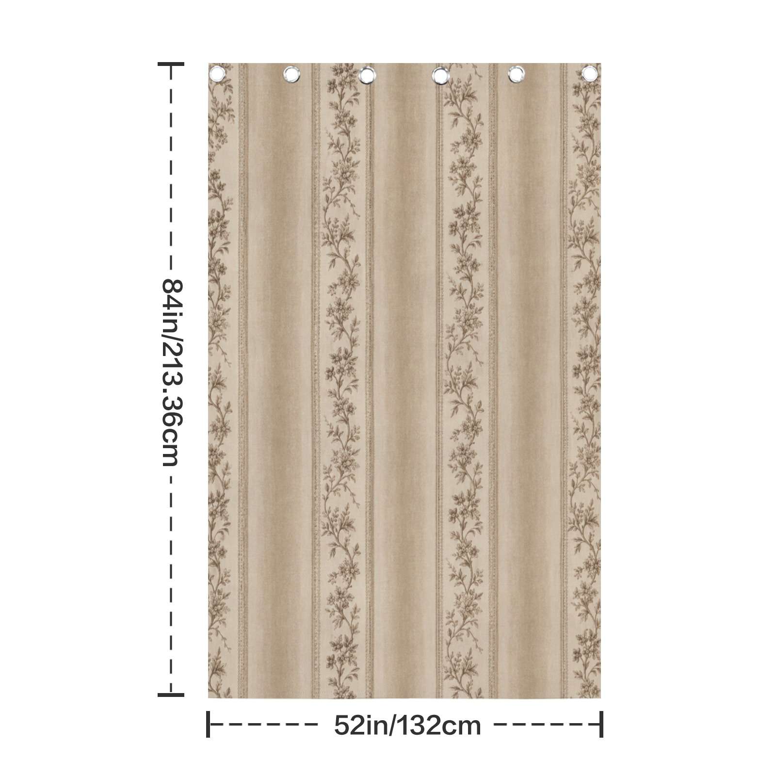 Vintage beige floral damask blackout curtain with metal grommets, 52 by 84 inches — product detail