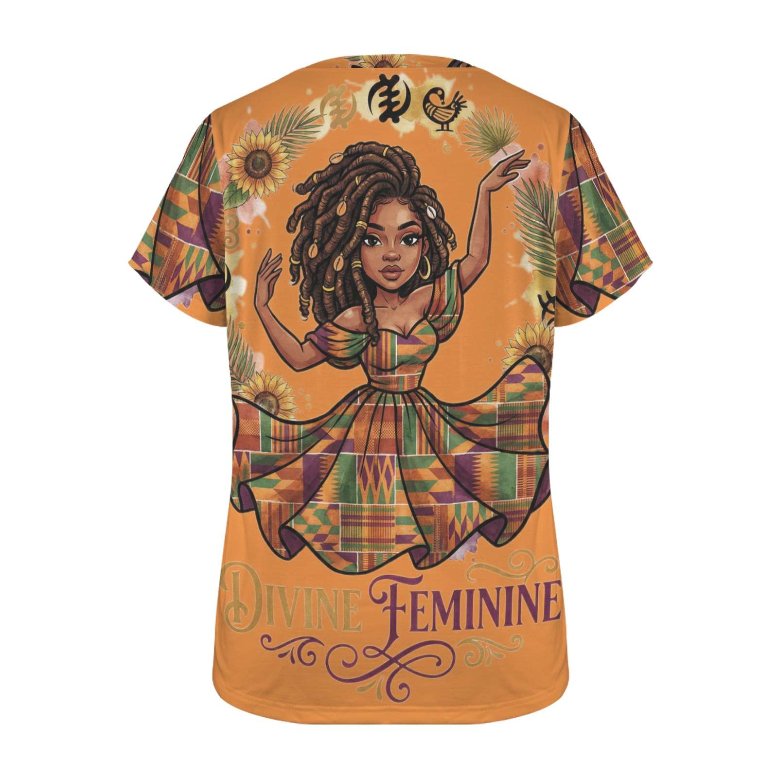 Women's orange crewneck T-shirt with Divine Feminine graphic print — rear view