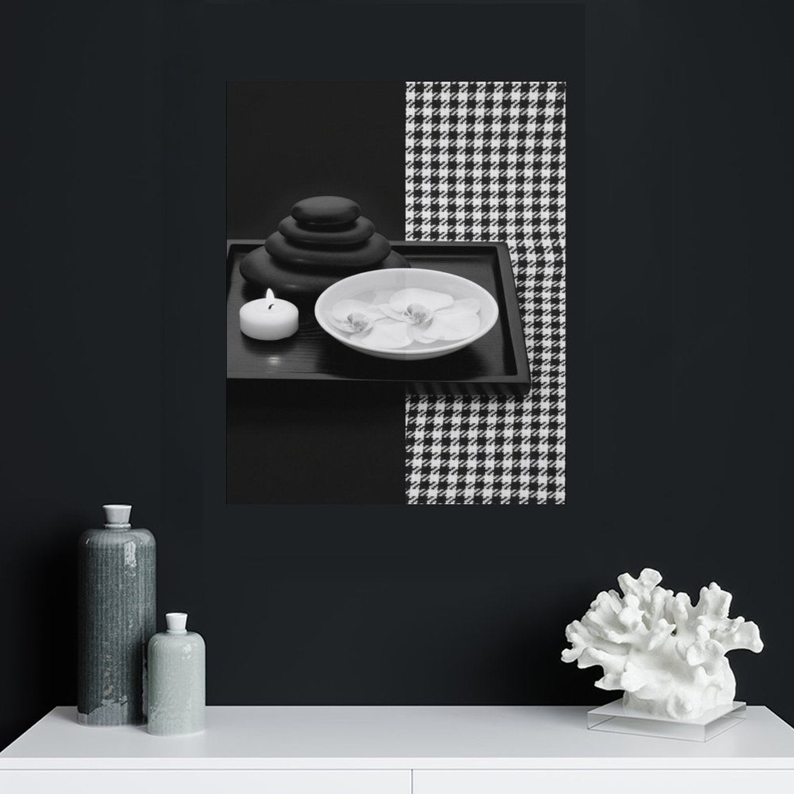 Vertical black and white houndstooth canvas print with textured surface, 16x20 inches — side view