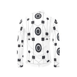 Men's white geometric dress shirt with button-down collar and no chest pocket — side view