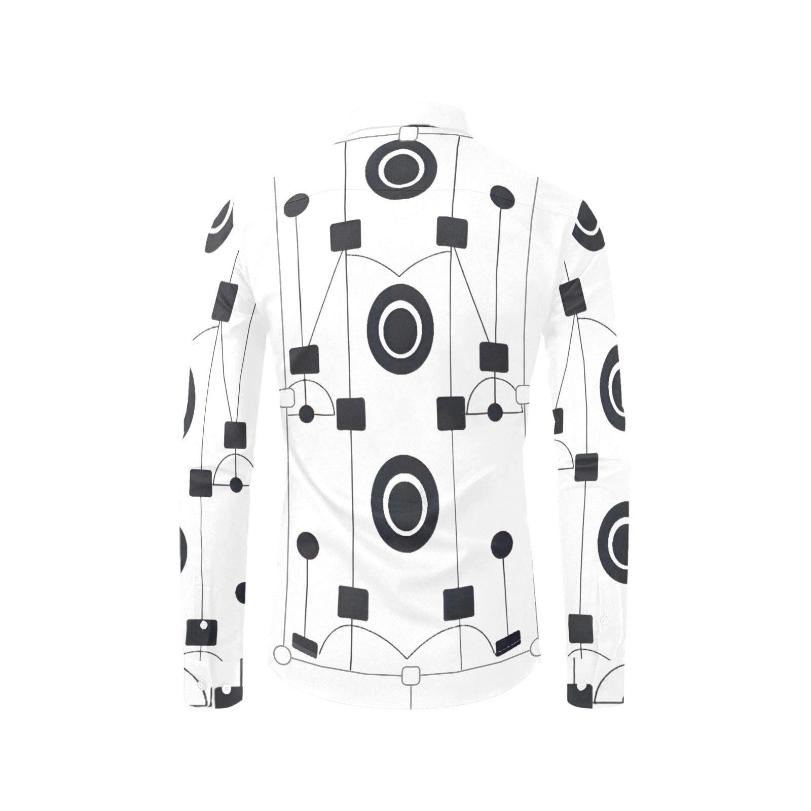 Men's white geometric dress shirt with button-down collar and no chest pocket — side view
