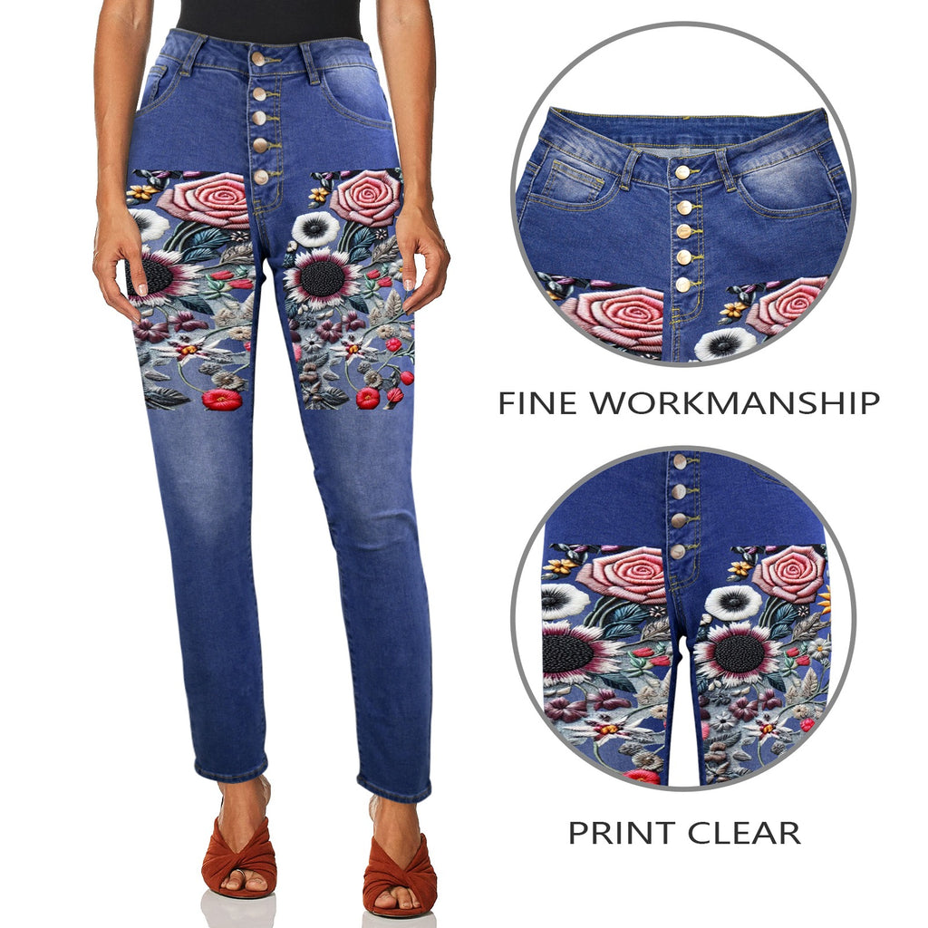 R&RH Embroidery Floral Design Womens Jeans Women's Jeans (Front Printing)