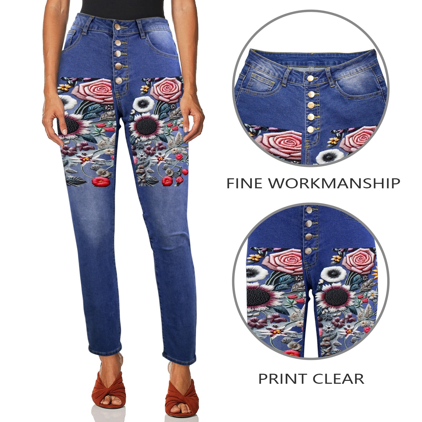 R&RH Embroidery Floral Design Womens Jeans Women's Jeans (Front Printing)