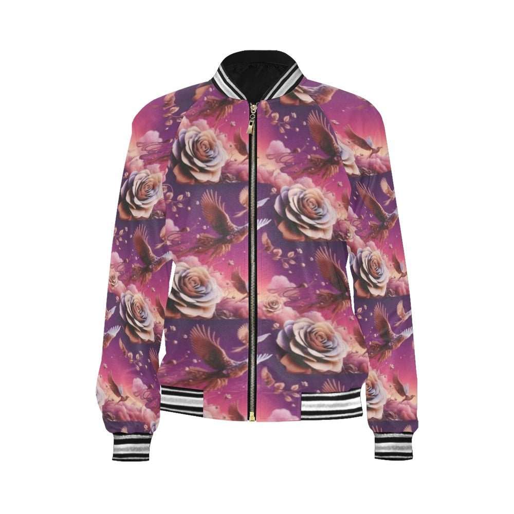 Flowery abstract women's bomber jacket with all-over floral print and ribbed trim — alternate view