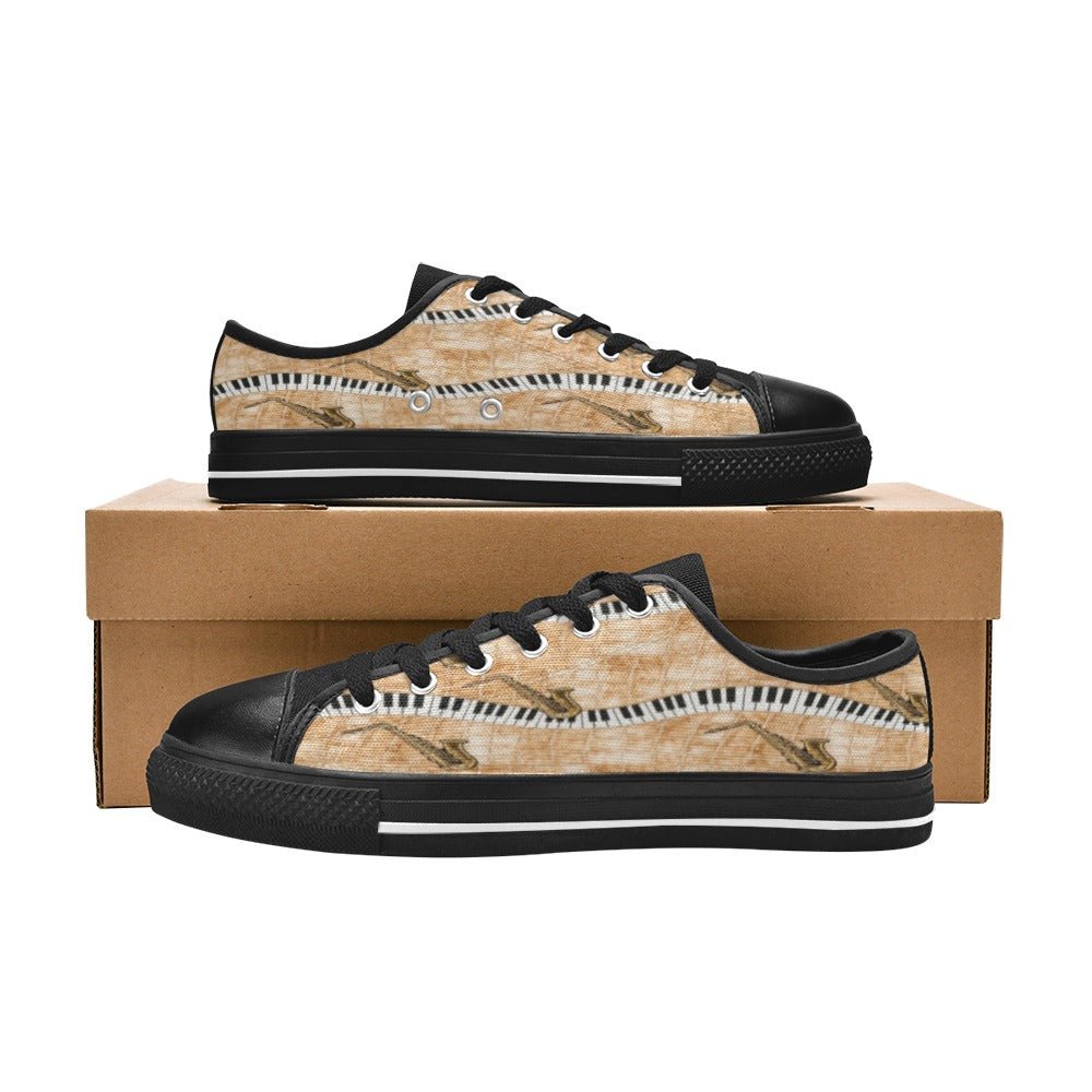 Men’s beige low-top sneakers with piano and saxophone artwork and navy-black accents — side view