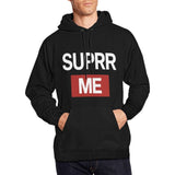 Black men's hoodie with SUPRR ME design and kangaroo pocket — rear view