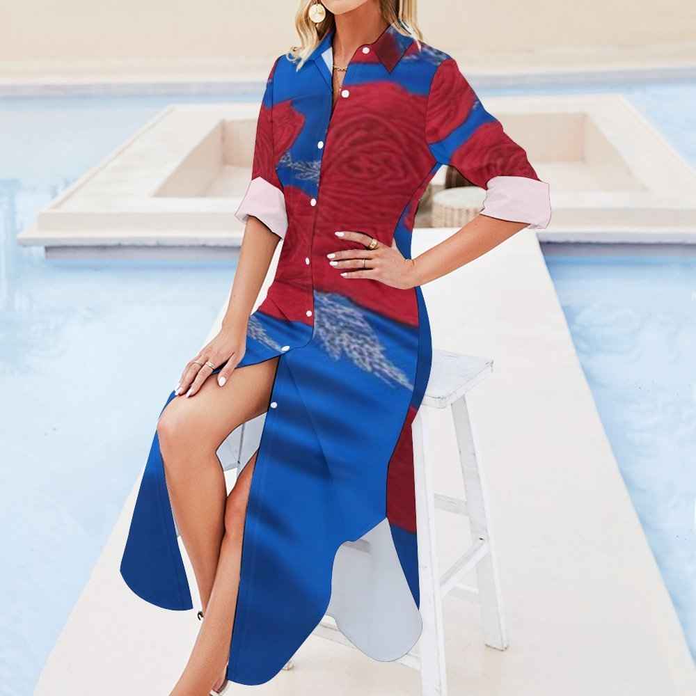 Women's red rose all-over print button-up long sleeve shirt dress with split hem — side view