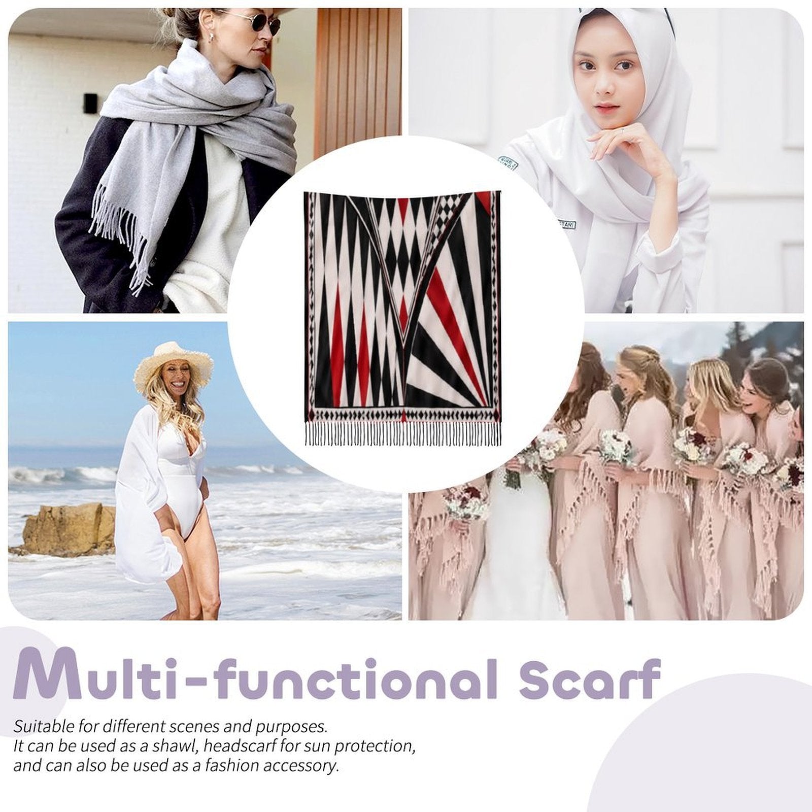 Harlequin pattern tassel scarf in imitation cashmere with fine hem and fringe — additional view 8