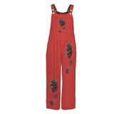 Red rose sleeveless wide-leg jumpsuit with button shoulder straps and pockets — side view