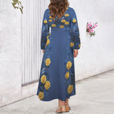 Yellow and blue roses long-sleeve belted maxi dress with round neck and side pockets — rear view