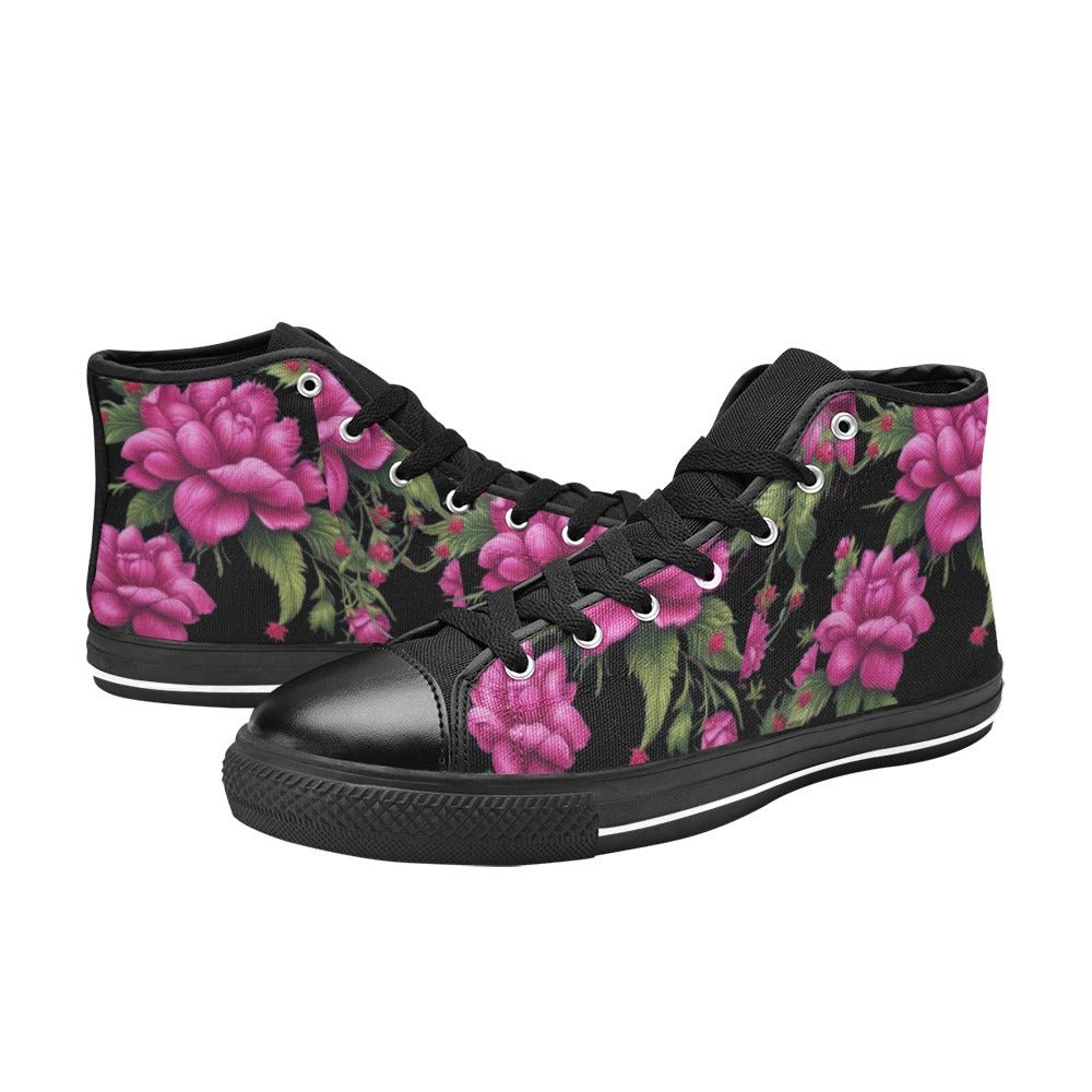 Women's high-top canvas shoes with fuchsia rose print, lace-up front and rubber outsole — rear view
