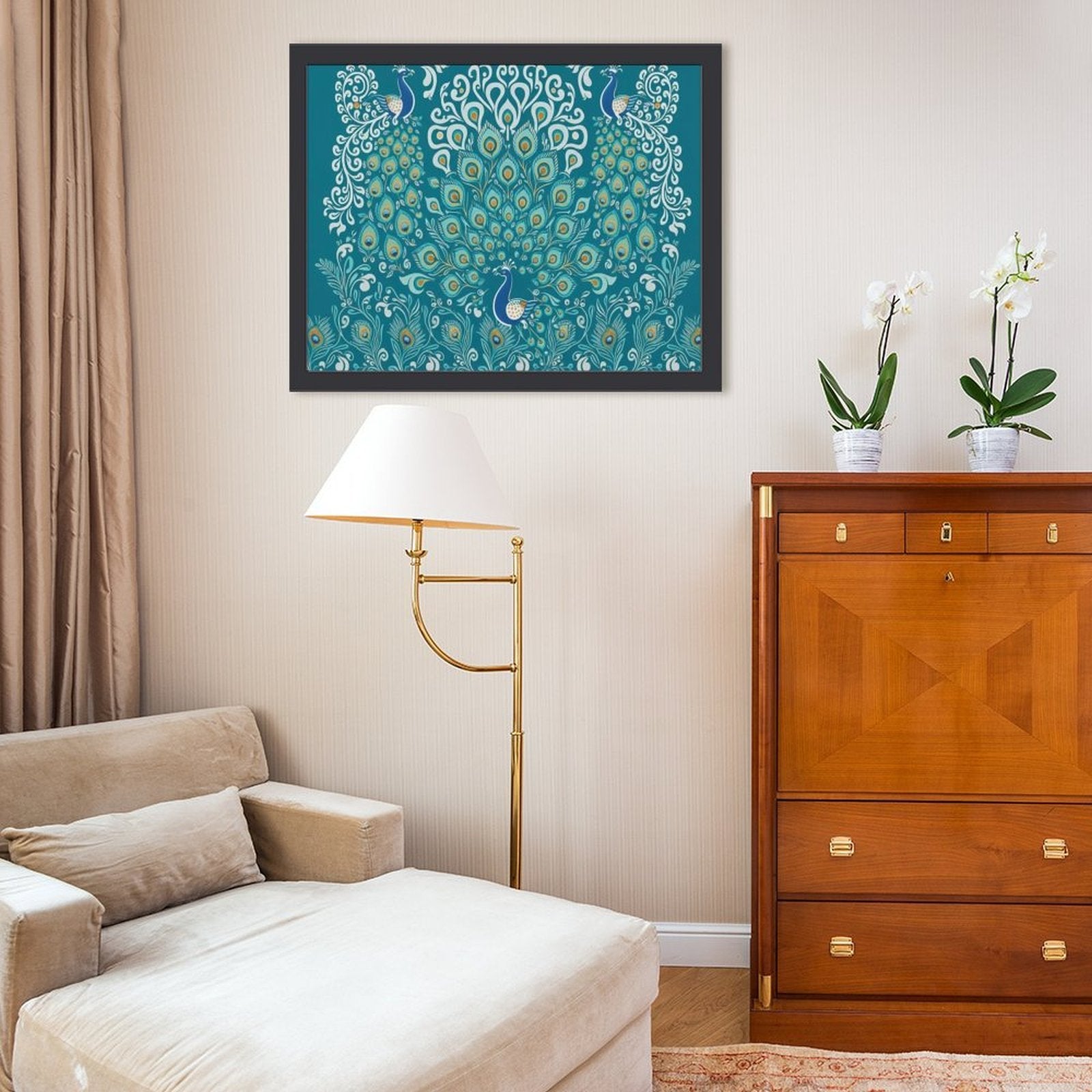 Peacock wooden framed painting 40x30cm with PVC front cover, canvas lining and seamless hanging nails — additional view 6