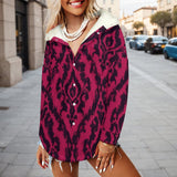 Magenta abstract full snap fleece jacket with hood, sherpa lining and multiple pockets — additional view 8