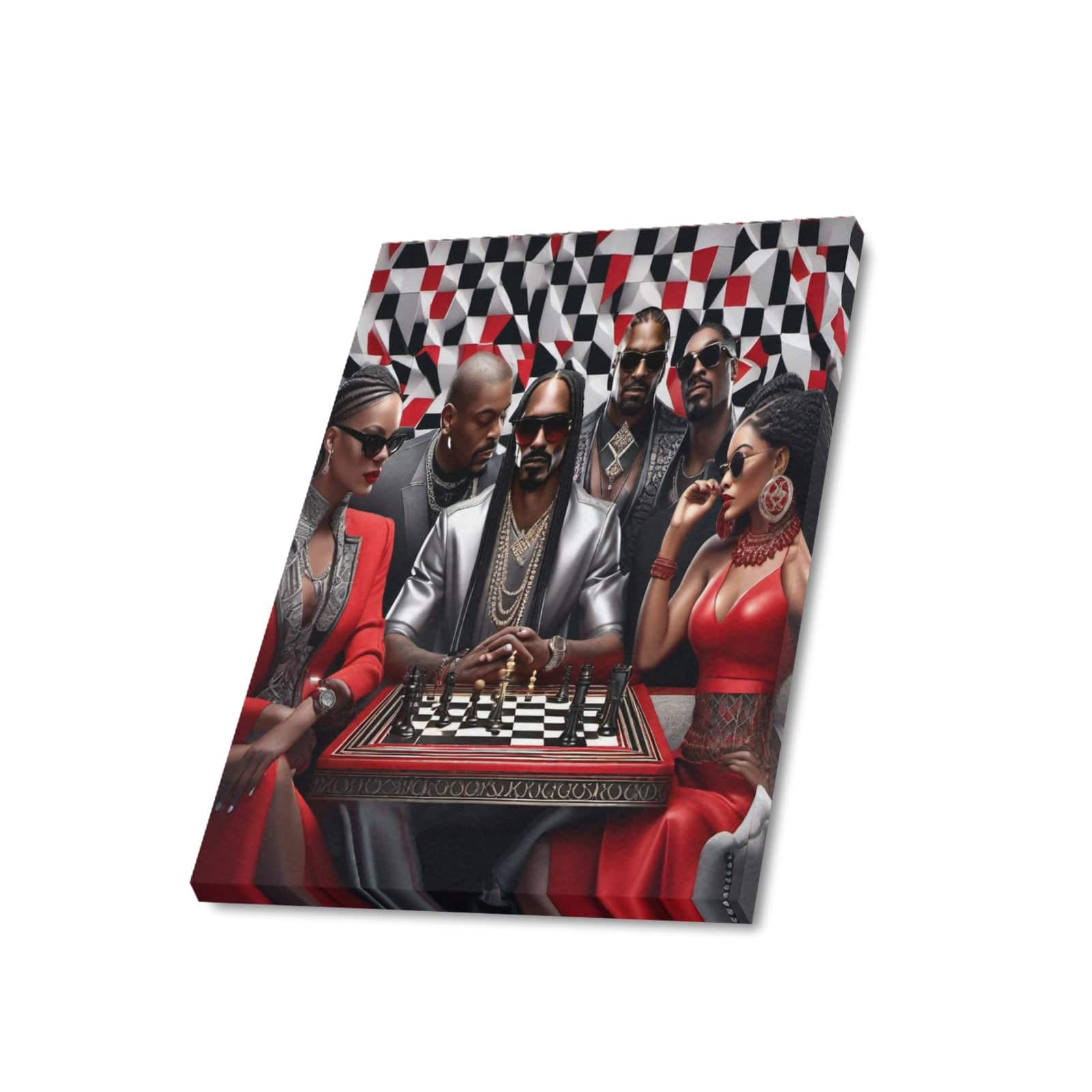 Framed chess-themed canvas print with natural wood frame, 16 by 24 inches — rear view