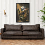 Black-framed art print of a jebena coffee pot and Lalibela landscape in warm tones, 24×36 inches — rear view