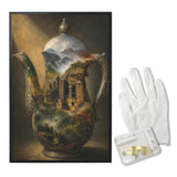 Black-framed art print of a jebena coffee pot and Lalibela landscape in warm tones, 24×36 inches
