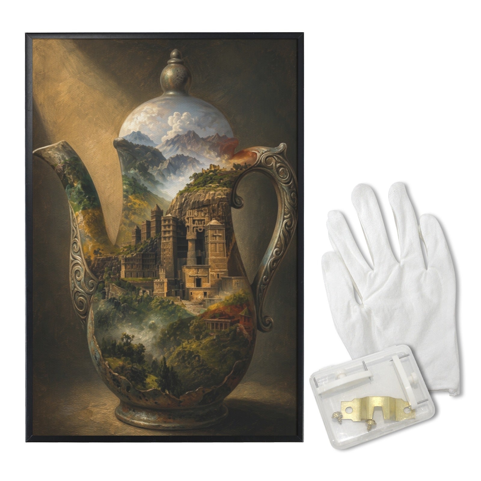 Black-framed art print of a jebena coffee pot and Lalibela landscape in warm tones, 24×36 inches