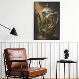 Black-framed art print of a jebena coffee pot and Lalibela landscape in warm tones, 24×36 inches — side view