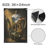 Black-framed art print of a jebena coffee pot and Lalibela landscape in warm tones, 24×36 inches — alternate view