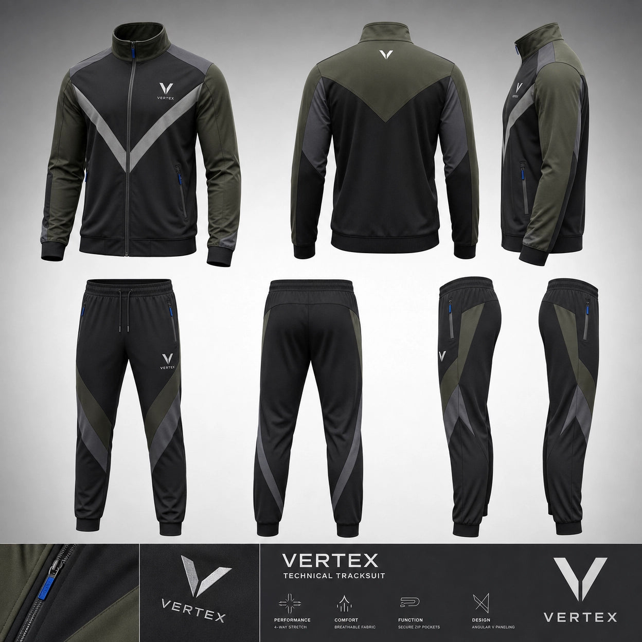 Vertex Negative V Tracksuit in graphite with signal orange geometric Vertex menswear design