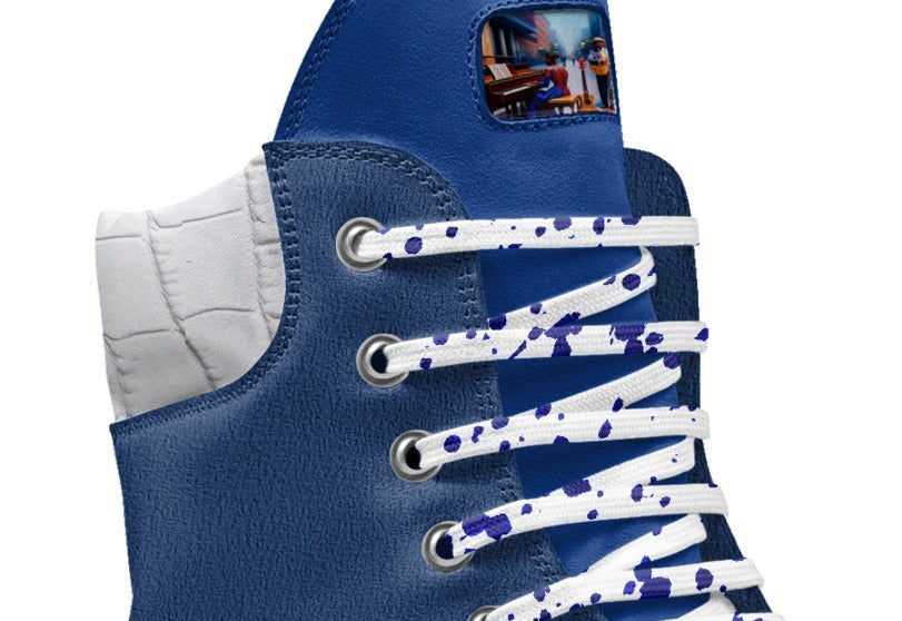 Blue men's high-top boot with lugged brown sole, lace-up front and padded ankle collar — rear view