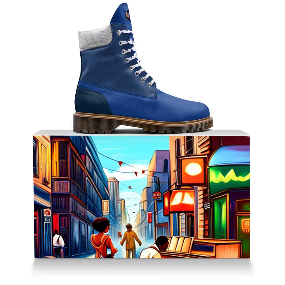 Blue men's high-top boot with lugged brown sole, lace-up front and padded ankle collar — side view