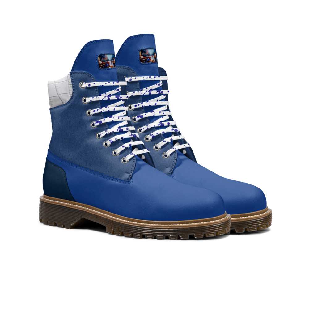 Blue men's high-top boot with lugged brown sole, lace-up front and padded ankle collar — additional view 8