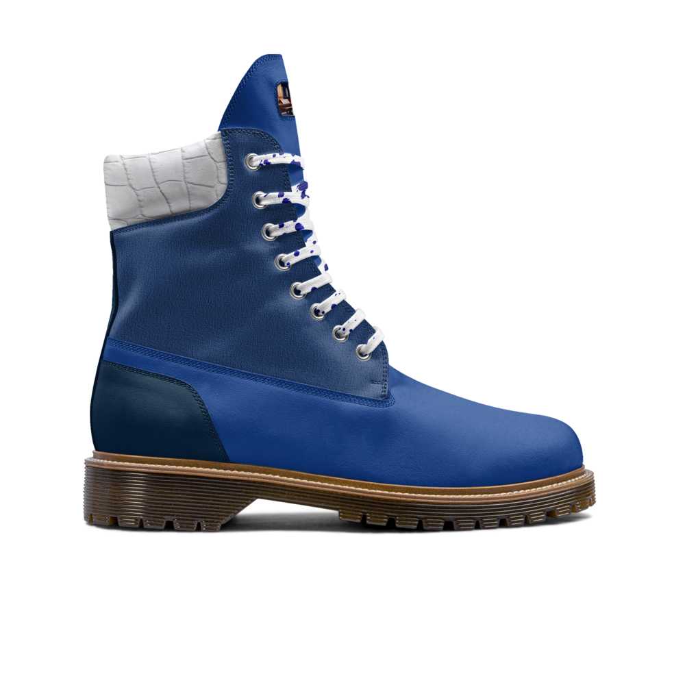Blue men's high-top boot with lugged brown sole, lace-up front and padded ankle collar — additional view 9