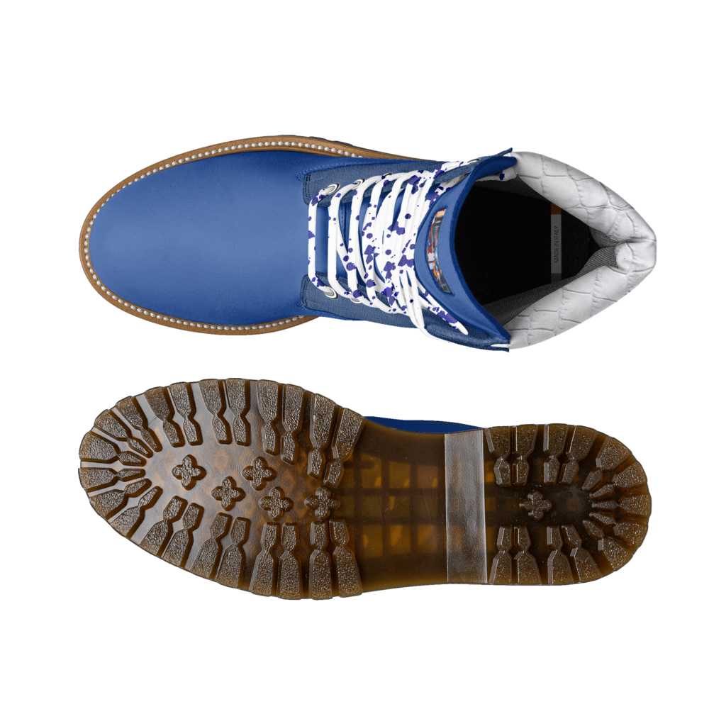Blue men's high-top boot with lugged brown sole, lace-up front and padded ankle collar — additional view 6