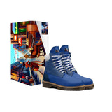 Blue men's high-top boot with lugged brown sole, lace-up front and padded ankle collar — product detail