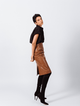 Load image into Gallery viewer, Glossy Brown Vegan Leather Pencil Skirt – Women’s Chic Leather Skirt
