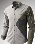 Vertex Axis Split Button-Up Shirt in stone with olive geometric Vertex menswear design
