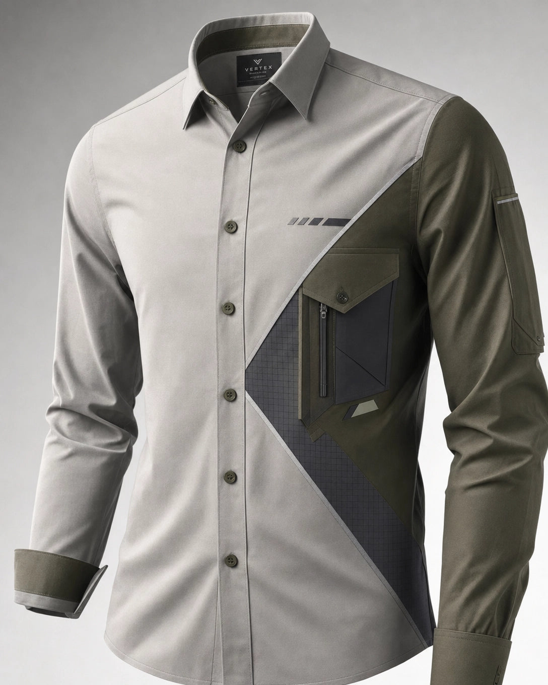Vertex Axis Split Button-Up Shirt in stone with olive geometric Vertex menswear design