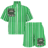 Green pinstriped women's short-sleeve windbreaker jacket with matching elastic-waist shorts — additional view 9